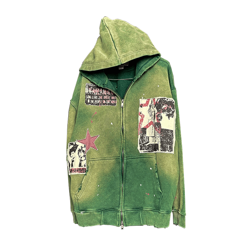y2k Punk / Grunge Patchwork Zip Hoodie Paint Splash