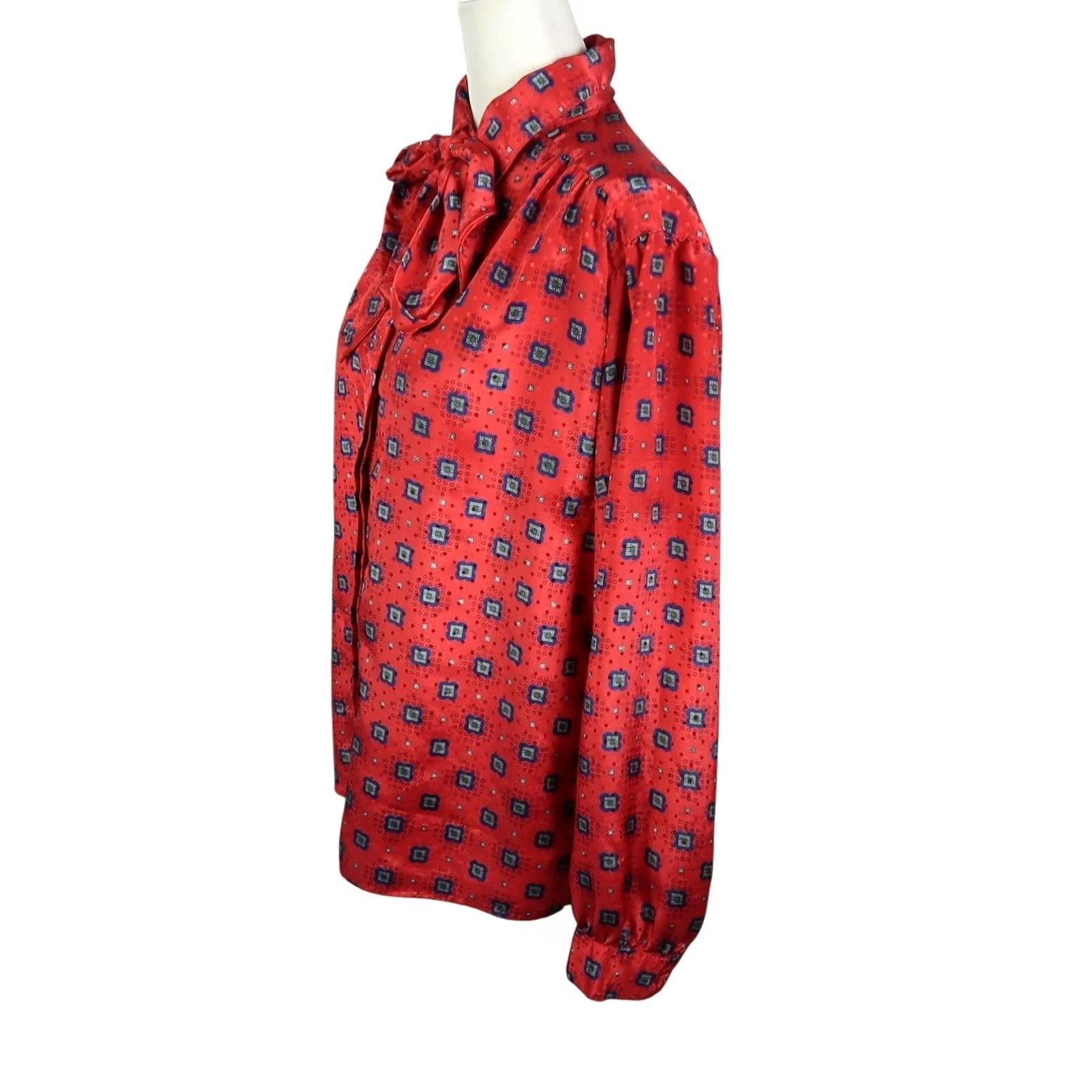 Vintage Vintage Alfred Dunner Blouse 14 Red Blue 90s Scarf Print Satin Tie Bow Top Size XL / US 12-14 / IT 48-50 - 3 Thumbnail