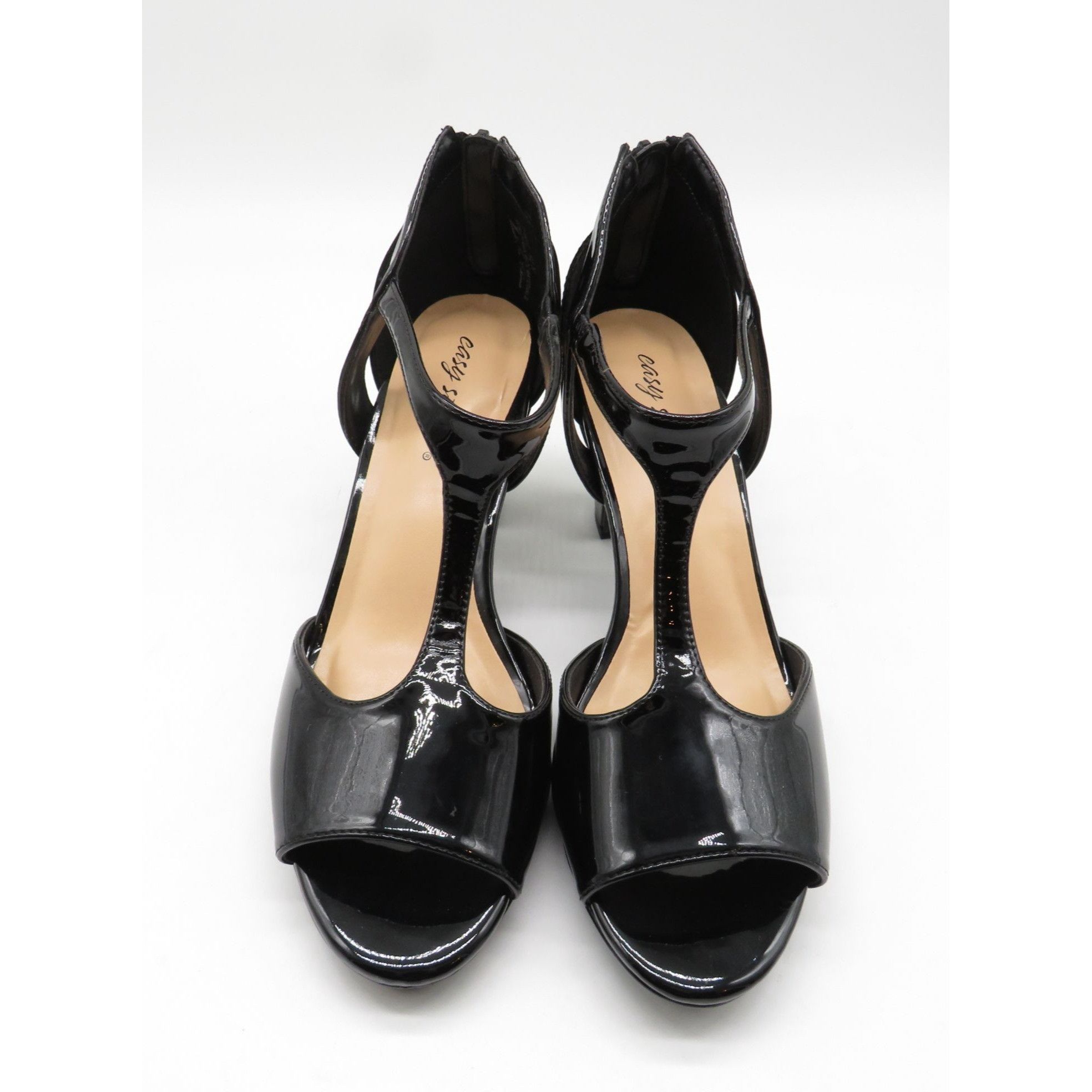 Other Easy Street Black Patent Leather Open Toe Heels Back Zipper Size US 9.5 / IT 39.5 - 2 Thumbnail