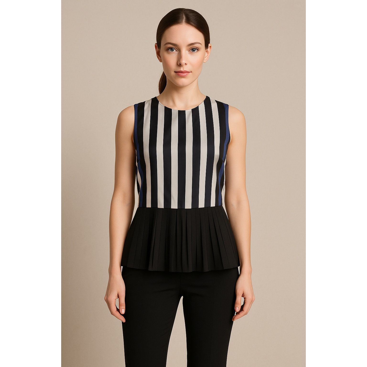 Nicole Miller Chic Striped Pleated Peplum Blouse Blue Black Artelier Size S / US 4 / IT 40 - 1 Thumbnail