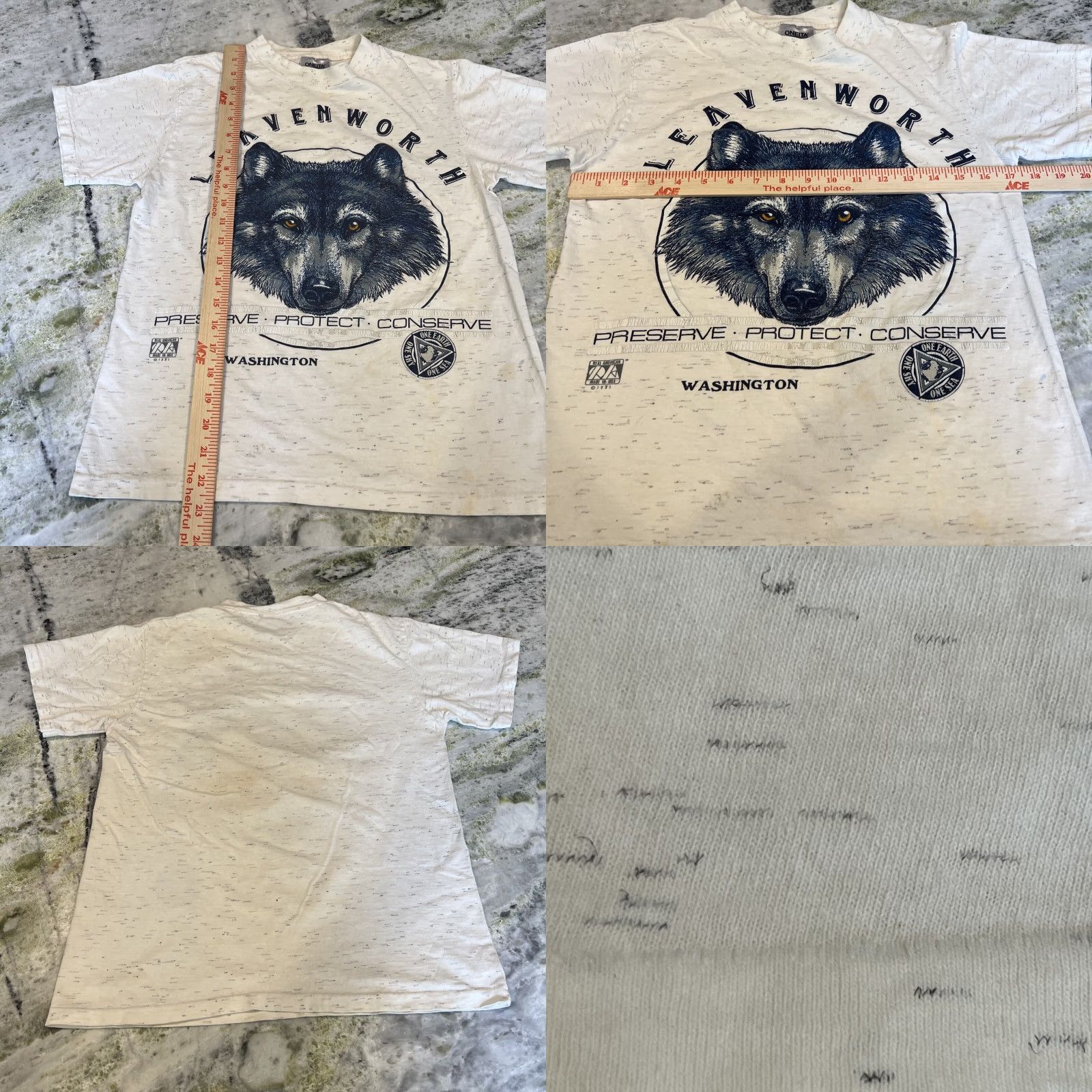 Vintage VINTAGE Oneita Leavenworth Wolf Graphic Preserve Protect Conserve Single Stitch S T-Shirt USA 1991 Mens? Womens? Size US S / EU 44-46 / 1 - 8 Thumbnail