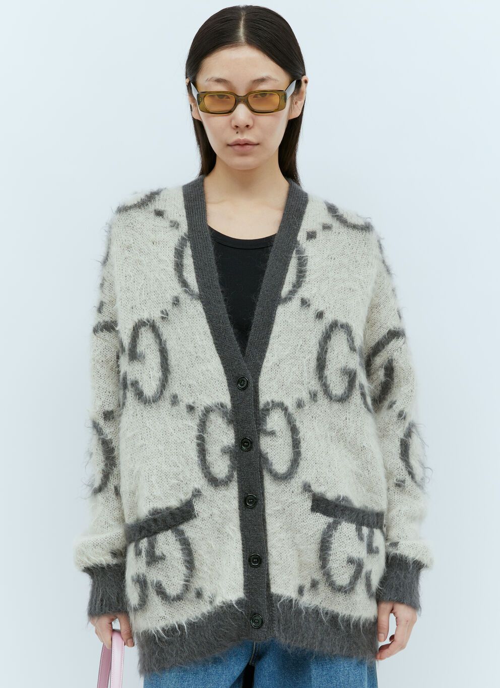 image of Gucci Reversible GG Mohair-Blend Cardigan in Grey, Women's (Size Medium)