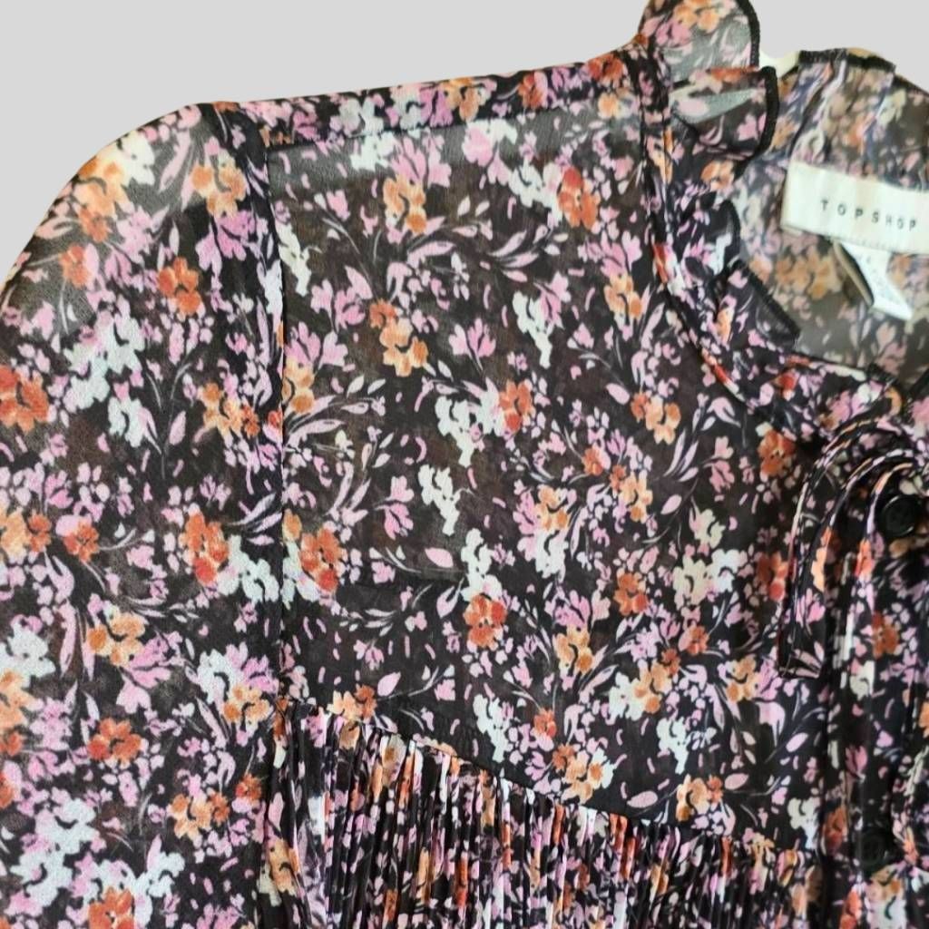 Topshop TOPSHOP Women’s Floral Sheer Blouse Boho Pleated Button-Up L Size XS / US 0-2 / IT 36-38 - 11 Thumbnail
