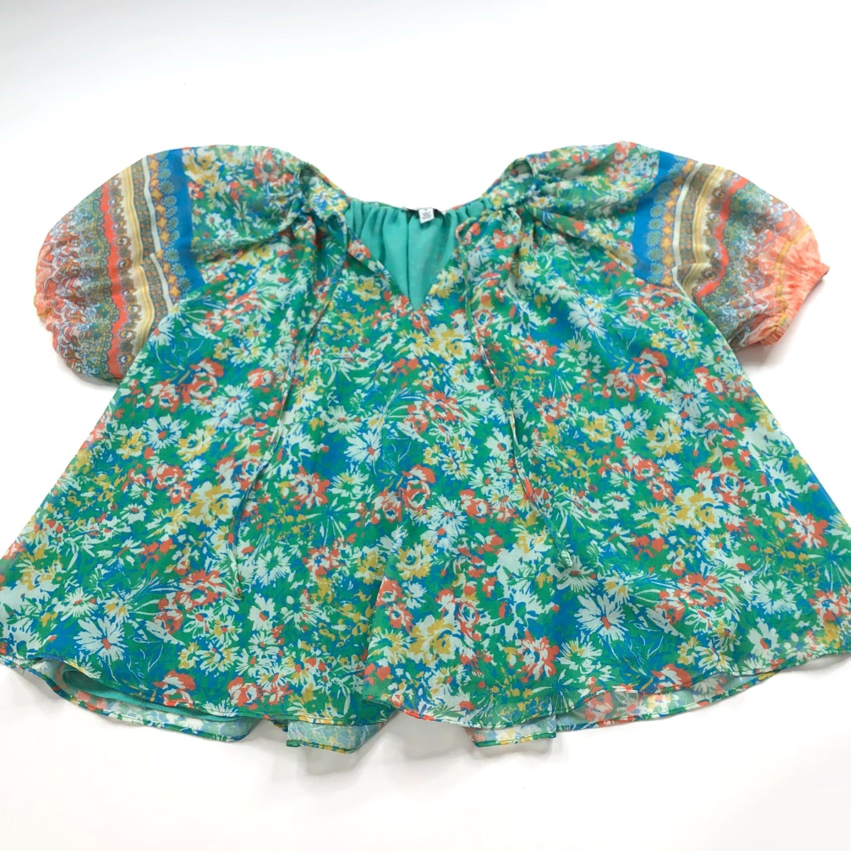 Vintage Current Air Blouse Shirt Womens M Green Peasant Smock Pullover V-Neck Short Sleeve Batik All Over Print Casual Summer Spring Size M / US 6-8 / IT 42-44 - 5 Thumbnail