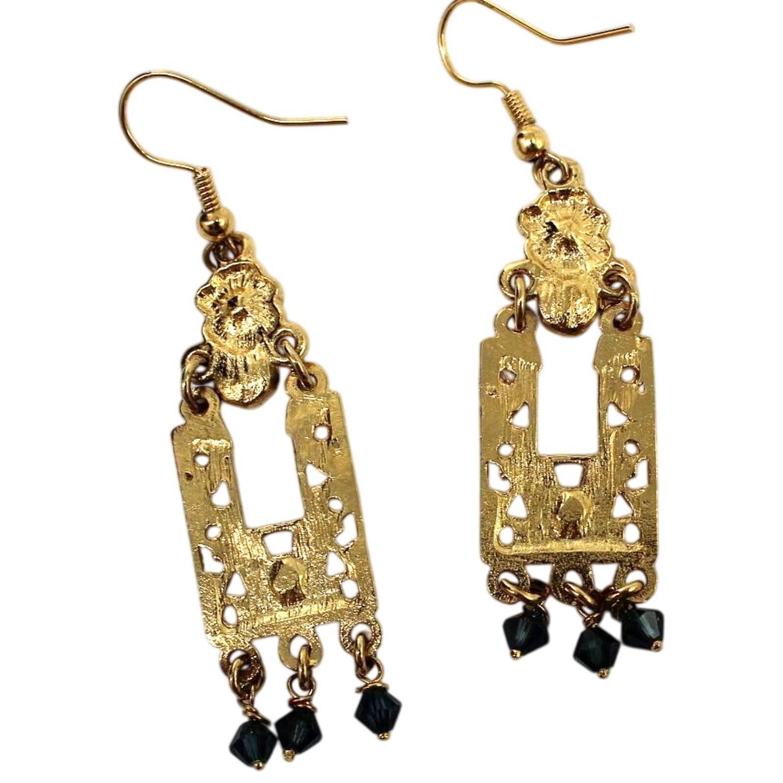 Other Dark Blue Rhinestone Bead Dangle Filigree Earrings • 2" Drop Size ONE SIZE - 2 Thumbnail