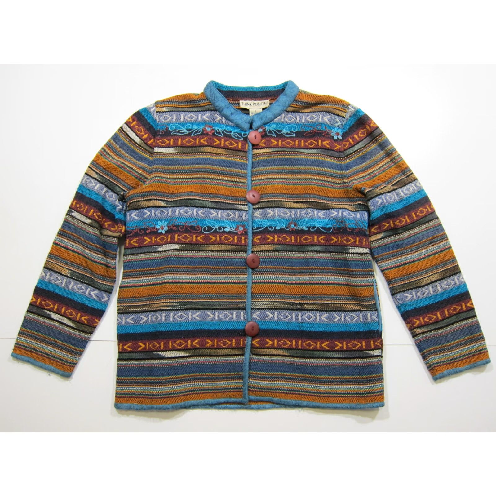 Vintage VINTAGE Think Positive Woven Cotton Blue Orange Ethnic Button-Down Jacket Women Small Size S / US 4 / IT 40 - 6 Thumbnail