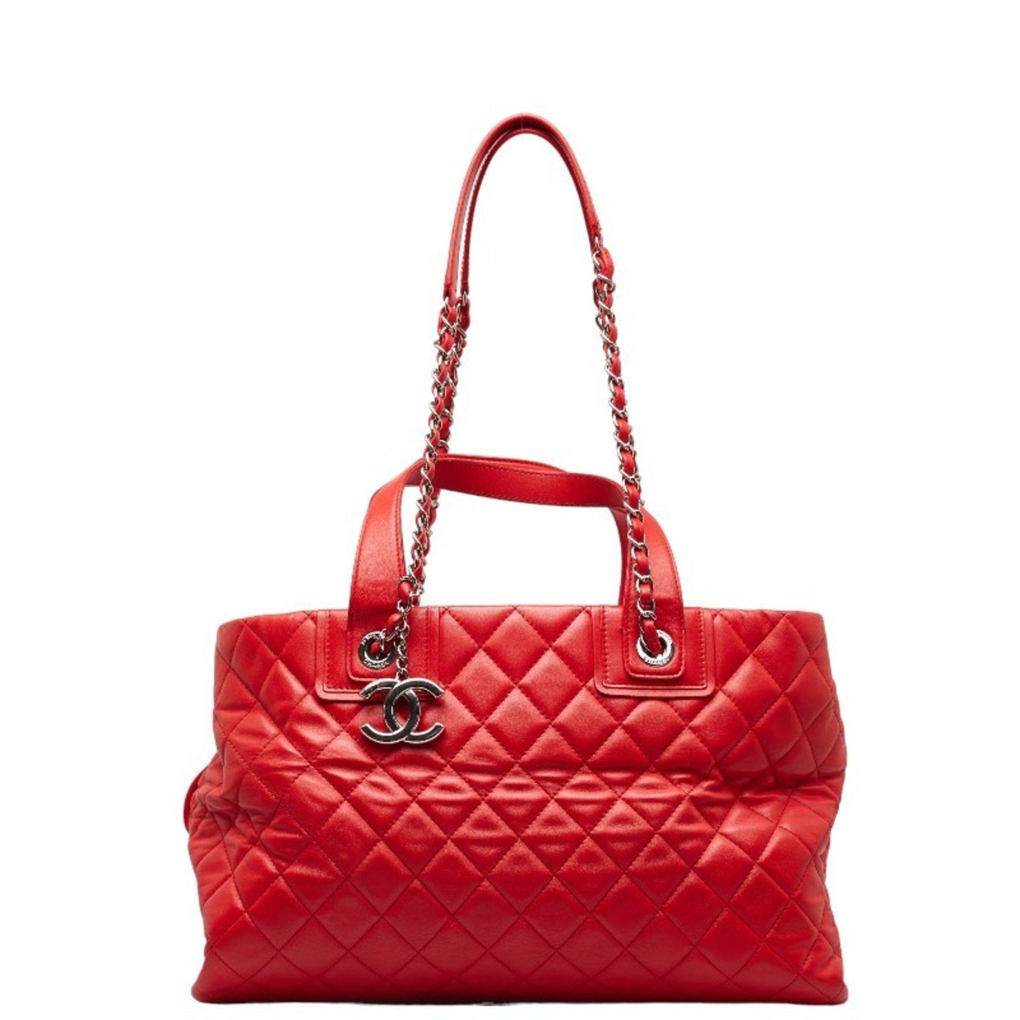 image of Chanel Coco Mark Matelasse Chain Shoulder Bag Tote Red Silver Leather Women's Chanel in Red Color