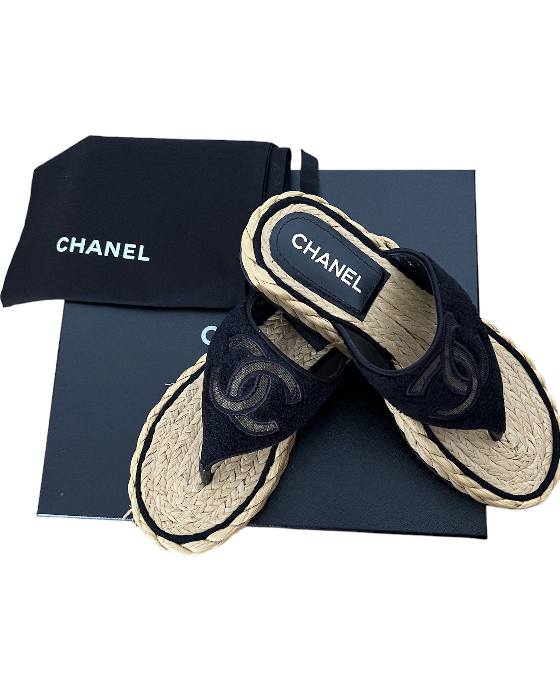 Chanel CHANEL Tweed & Satin Raffia Sandals | Grailed