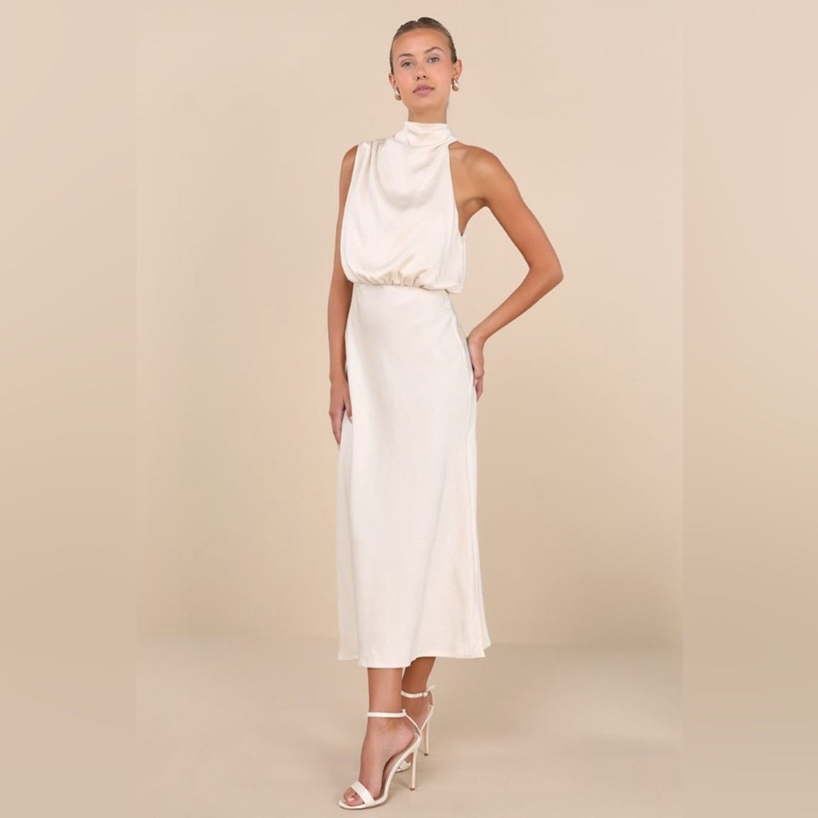 Other Lulu Greta Champagne Crinkle Satin Mock Neck Sleeveless Midi Size L / US 10 / IT 46 - 1 Thumbnail