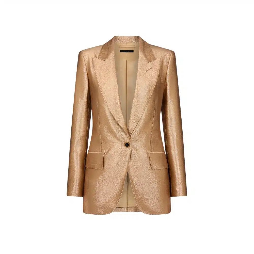 Tom Ford o1loc1c0525 GI2970 Compact Lurex Wool Wallis Jacket in Gold Size L / US 10 / IT 46 - 1 Thumbnail