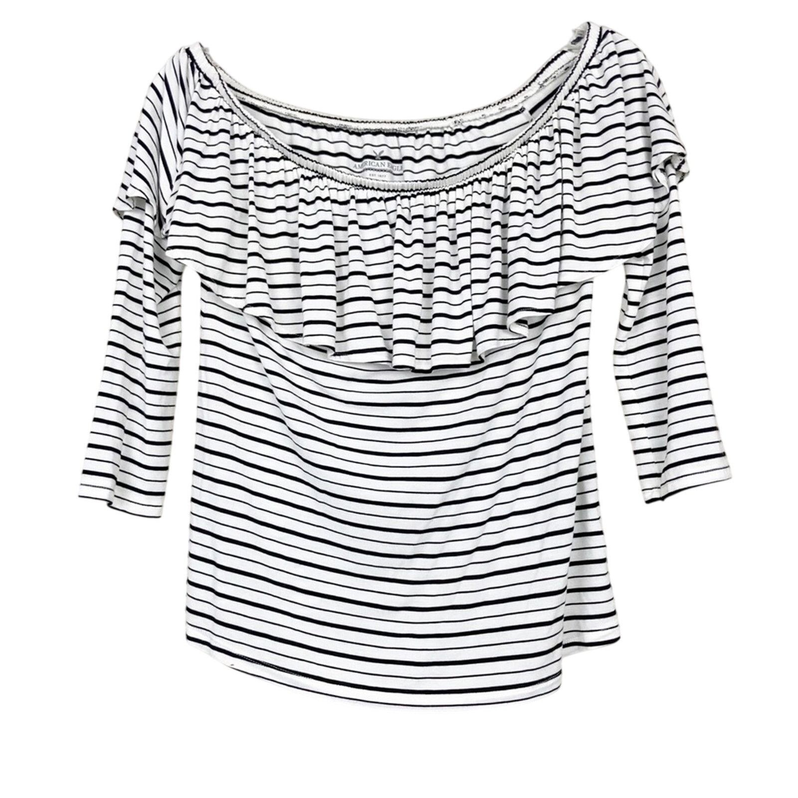 American Eagle Outfitters American Eagle White Striped Off The Shoulder Flounce Top S Size S / US 4 / IT 40 - 3 Thumbnail
