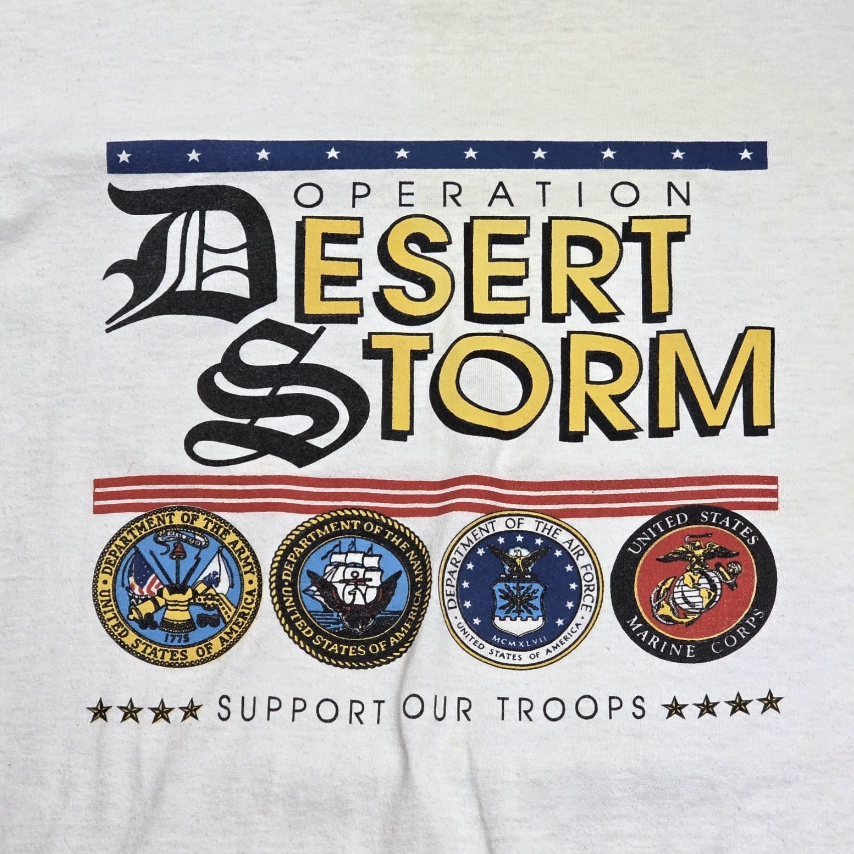 Vintage VINTAGE Oneita T Shirt Adult XL Support Our Troops Desert Storm 1991 USA Made White Cotton Navy Army Marines Mens XL Shirt Size US XL / EU 56 / 4 - 3 Thumbnail