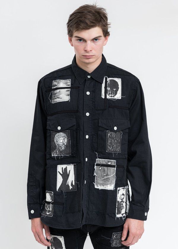 image of $800 Kidill × Edwin 2021Aw Patch Denim Shirt in Black, Men's (Size Large)