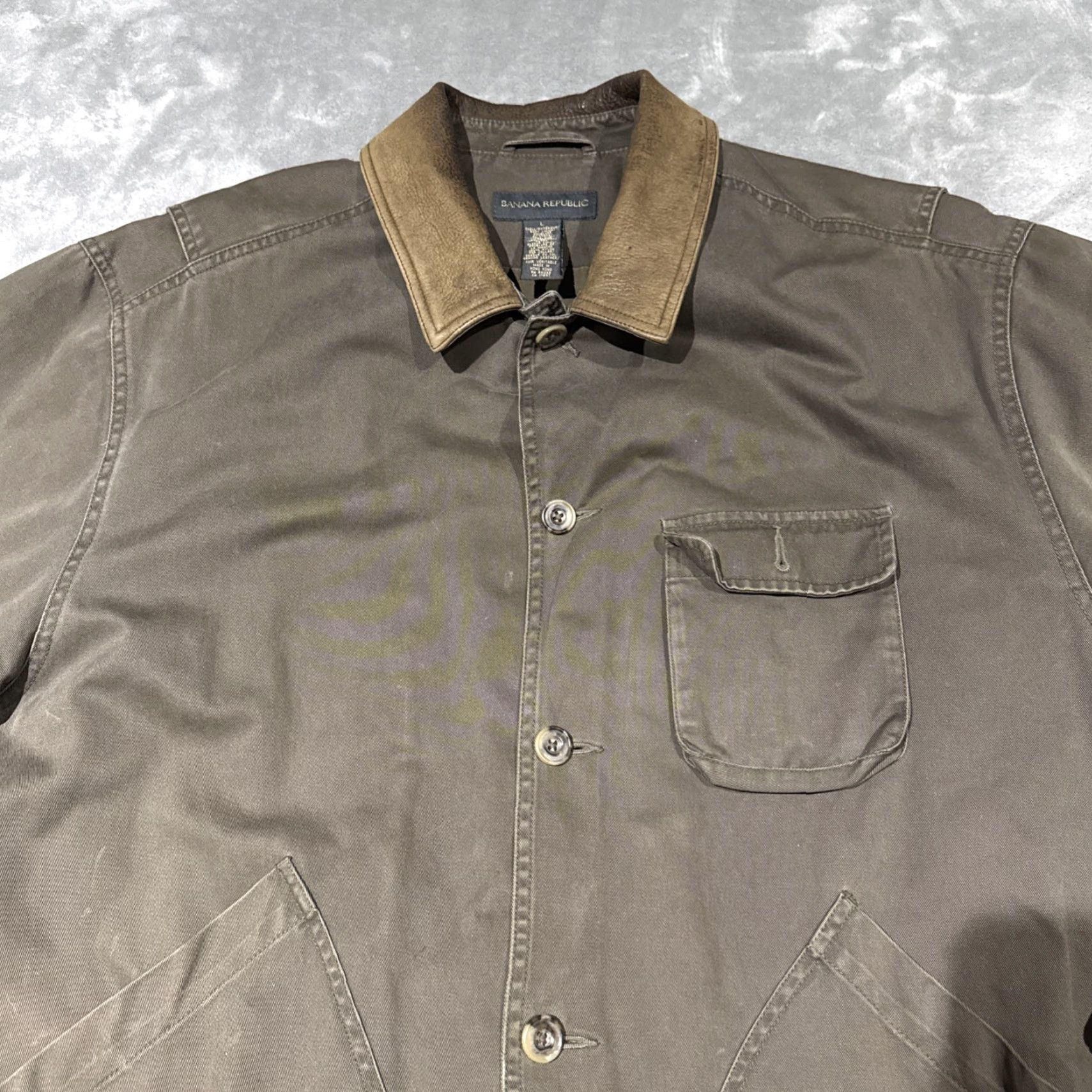 Banana Republic VINTAGE Banana Republic Barn Coat Mens Large Brown Cotton Leather Chore Jacket Overcoat Twill Long Pockets Logo Zipper Button Size US L / EU 52-54 / 3 - 2 Thumbnail