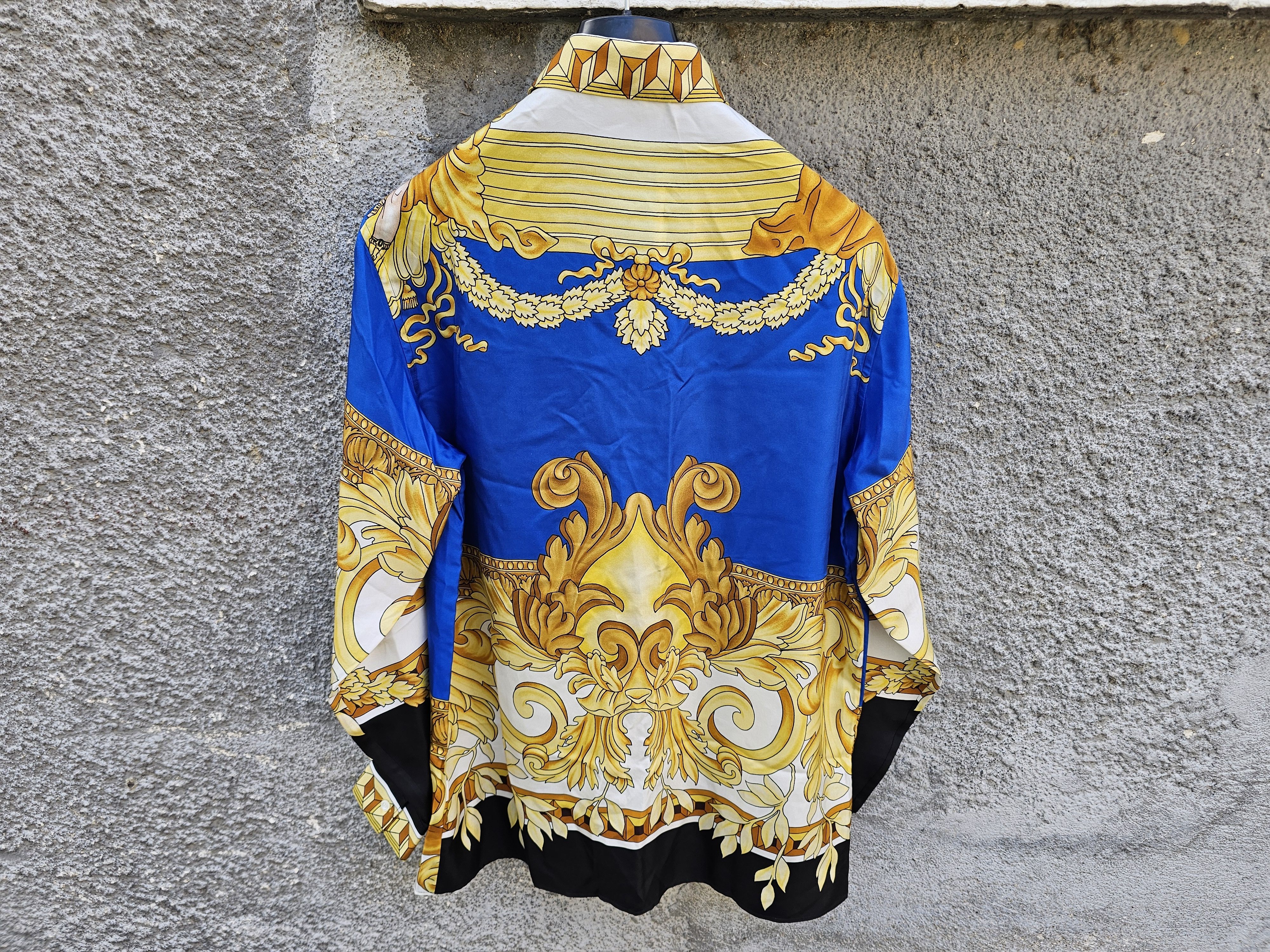 Versace $1350 VERSACE Gold and Blue Floral Baroque Medusa Silk Shirt Size 52L - 9 Thumbnail