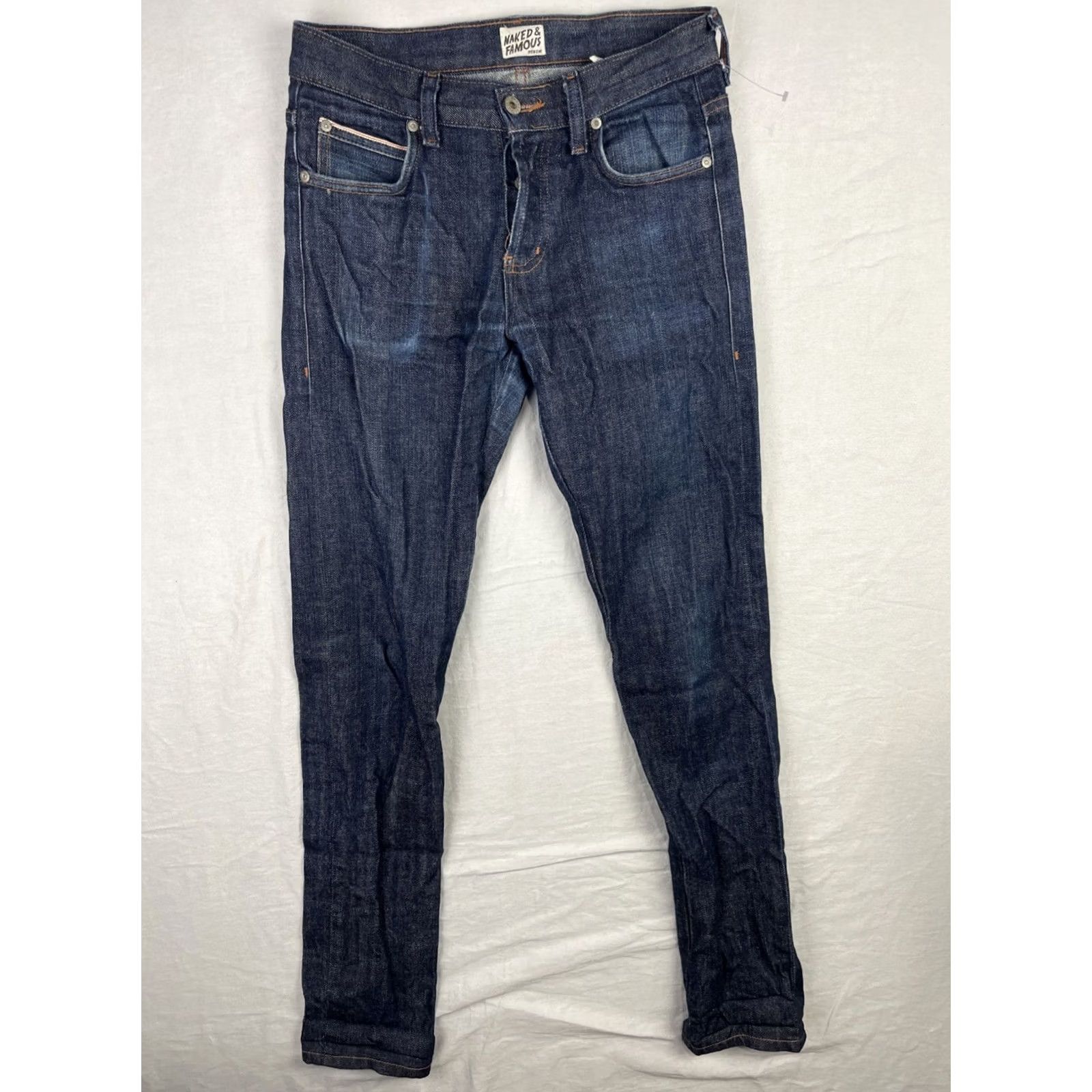 Vintage Naked & Famous Jeans Mens 30 Fits 29x34 Super Skinny Stretch Selvedge Indigo Denim Jeans Slim Men 5-Pocket Logo Button Size US 29 - 2 Thumbnail