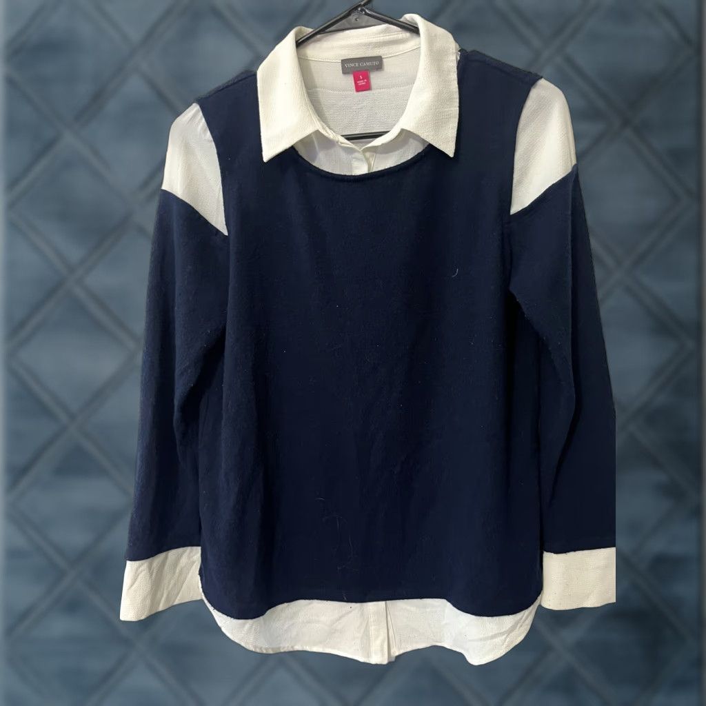 Vince VINTAGE Vince White Long Sleeve Sweater Collared Polo Women's Small Blue Pullover 90s Womens Size S / US 4 / IT 40 - 1 Thumbnail