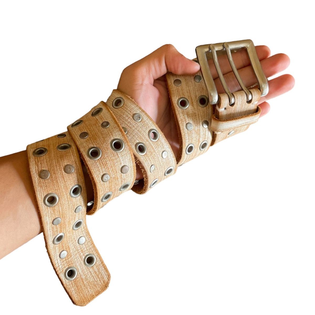 If Six Was Nine × Le Grande Bleu (L.G.B.) Vintage Studded Rivet Leather Wood Style Belt Size ONE SIZE - 2 Thumbnail