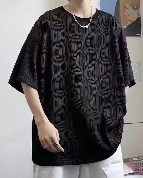 Korean fashion black wave pleats top tee
