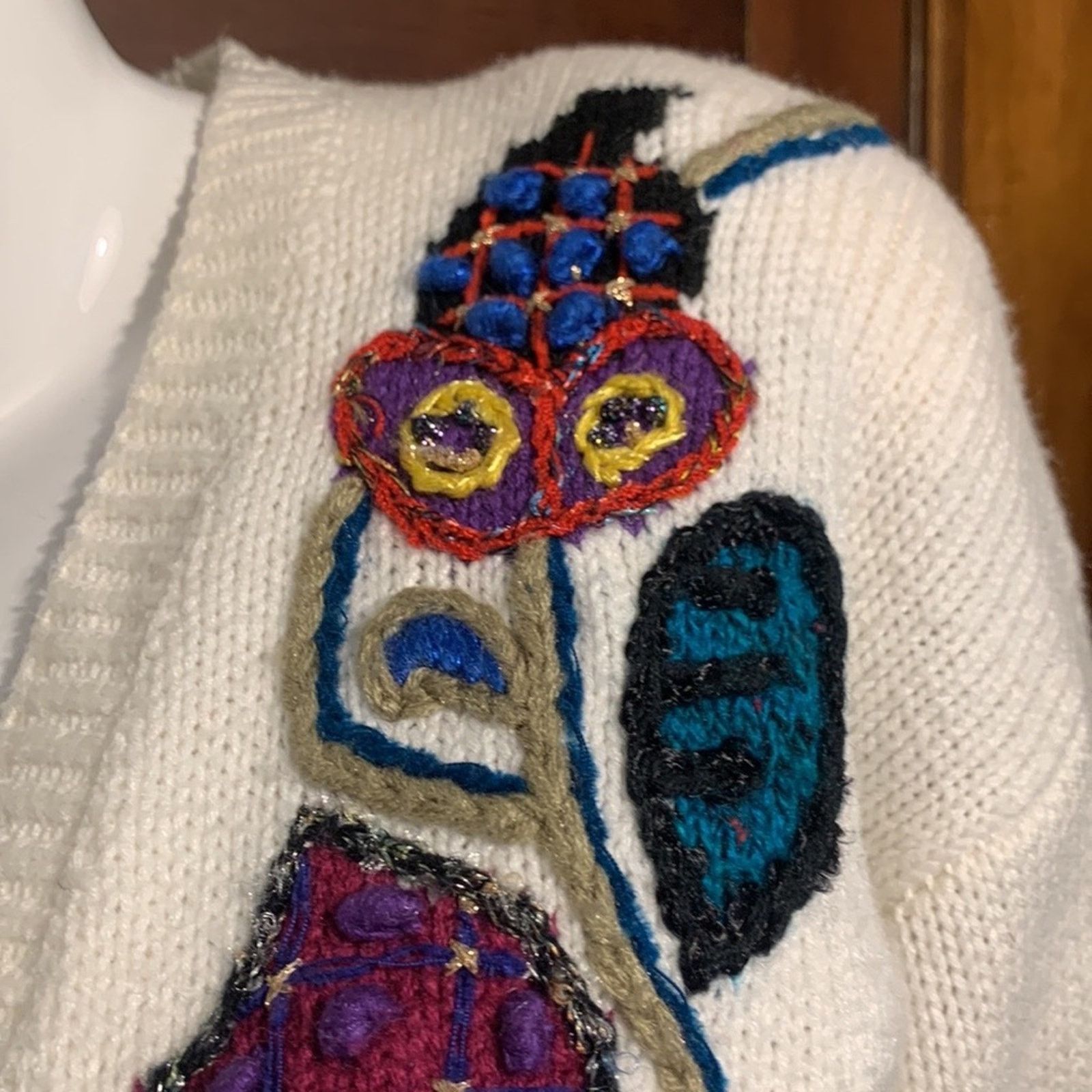 Vintage 80’s embroidered crewel botannical motifs white cardigan Size L / US 10 / IT 46 - 3 Thumbnail