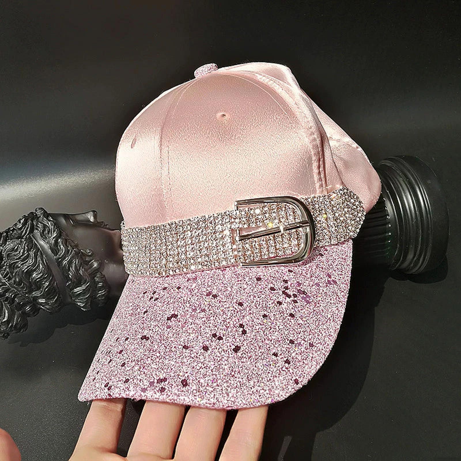 Jewelry Pink Satin Glitter Baseball Cap with Rhinestone Belt Size ONE SIZE - 4 Thumbnail