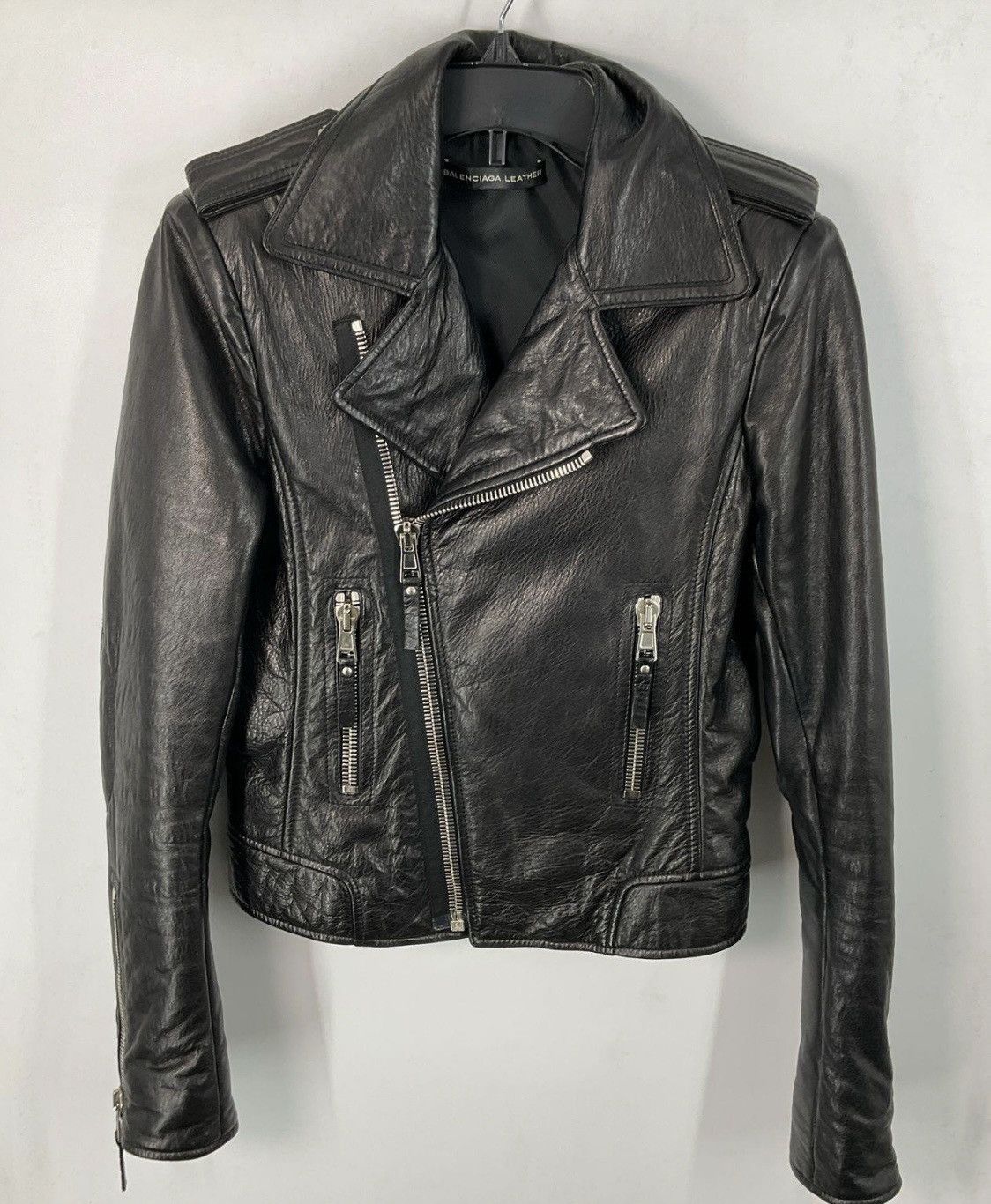 Authentic Balenciaga Black leather biker jacket with zipper