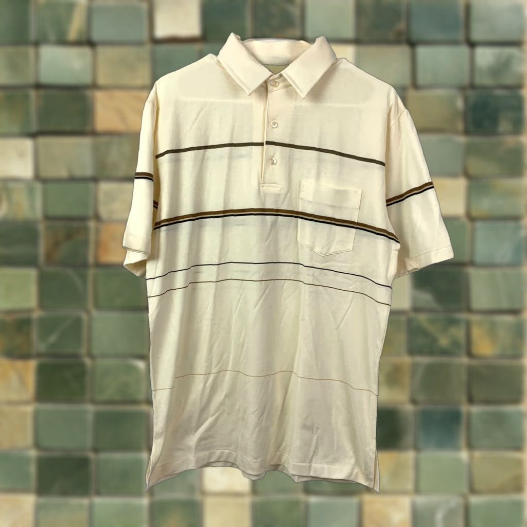 Vintage Vintage Robert Bruce Polo Shirt Ivory L 90s Preppy Cotton Stripe Short Sleeve Button-Down Collared Mens Golf Tennis Casual Activewear Size US L / EU 52-54 / 3 - 1 Thumbnail