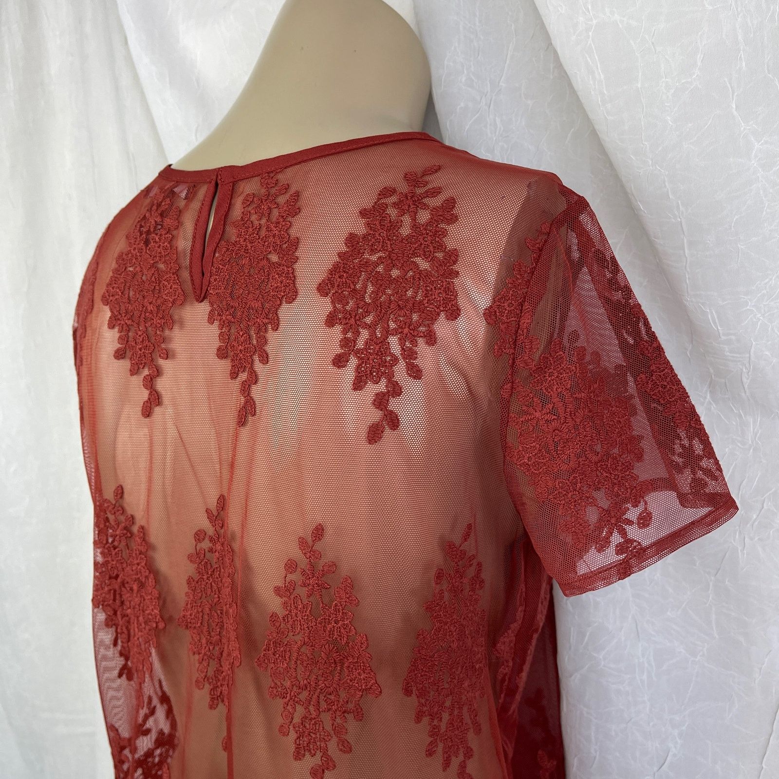 Forever 21 Rust Sheer Mesh Lace T Shirt Scalloped Hem Forever 21 Small Size S / US 4 / IT 40 - 8 Thumbnail
