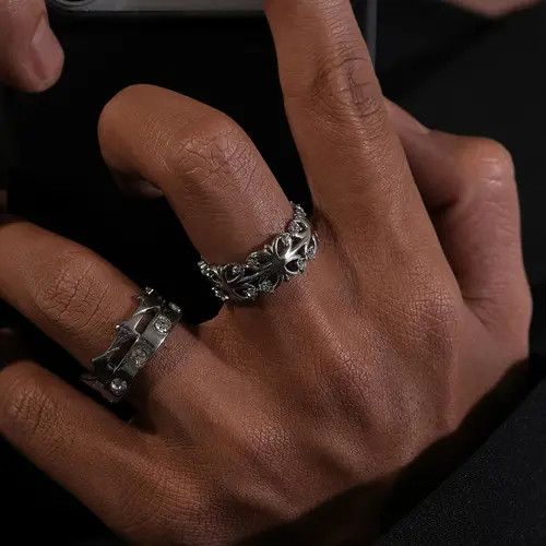 Jewelry Silver Gothic Floral Design Men's Silver Rings Set Size ONE SIZE - 6 Thumbnail