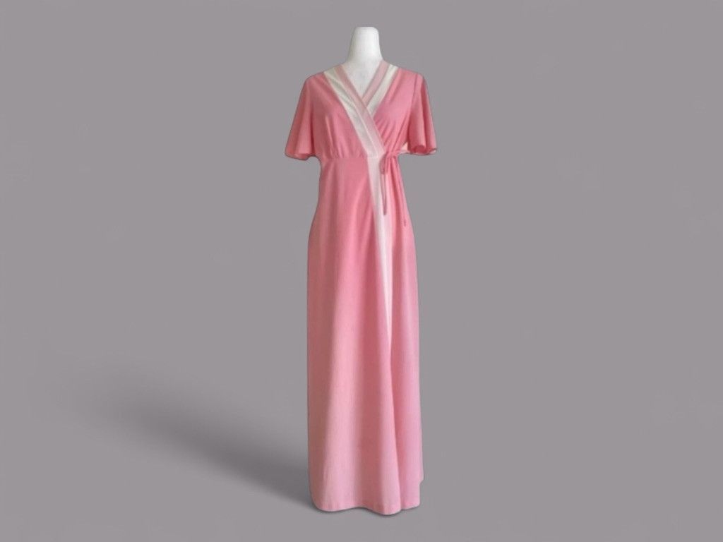 Vintage 60s MCM Pink White Flutter Sleeve Hostess Wrap Dress M Size M / US 6-8 / IT 42-44 - 10 Thumbnail