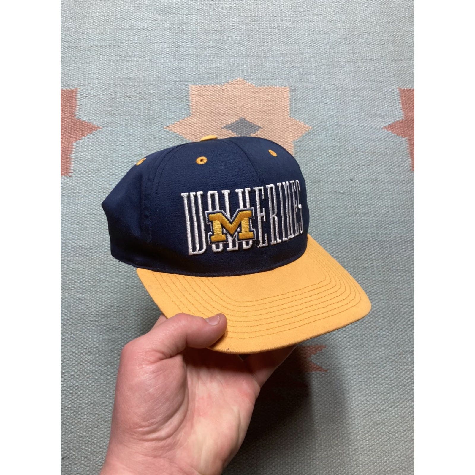 NCAA VINTAGE 90s SnapBack hat cap university of Michigan Wolverines spell out NCAA Men Adjustable Blue Hat Size ONE SIZE - 2 Thumbnail
