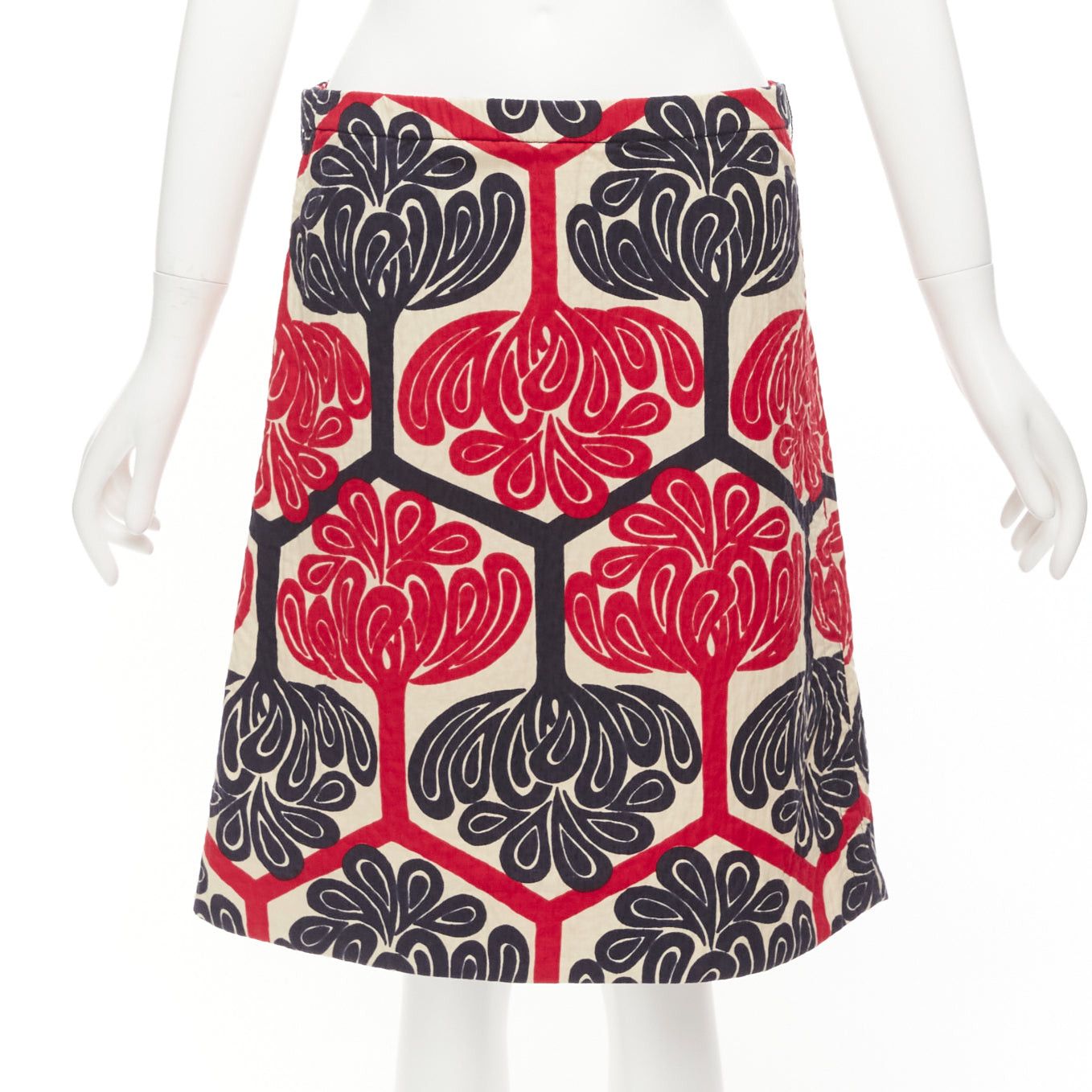image of Marni 2011 Red Navy Cream Ethnic Print Cotton Aline Knee Skirt It38 Xs, Women's (Size 26)