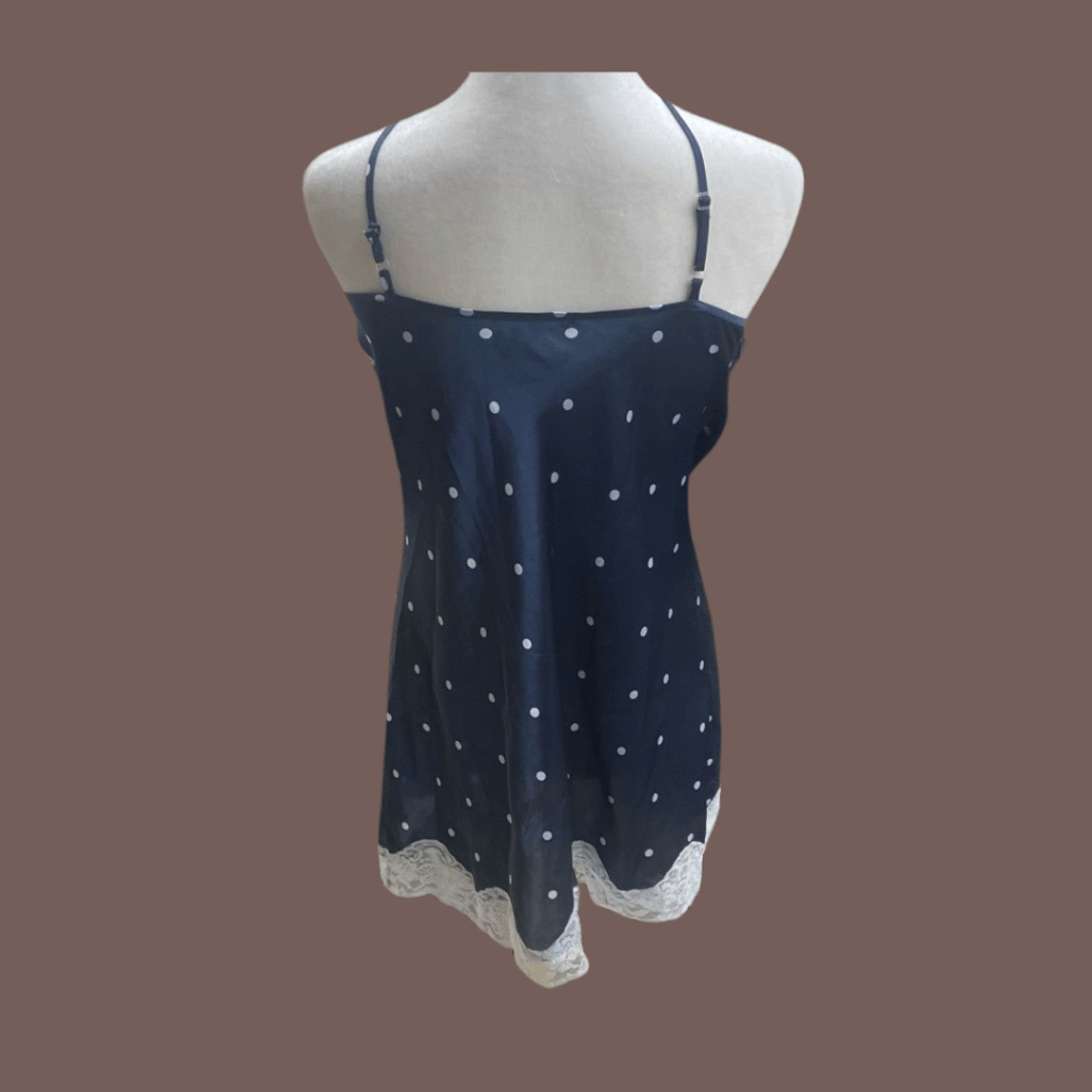 Vintage VTG Slip Dress | Morgan Taylor Navy Polka Dot Lace Coquette Size S / US 4 / IT 40 - 2 Thumbnail
