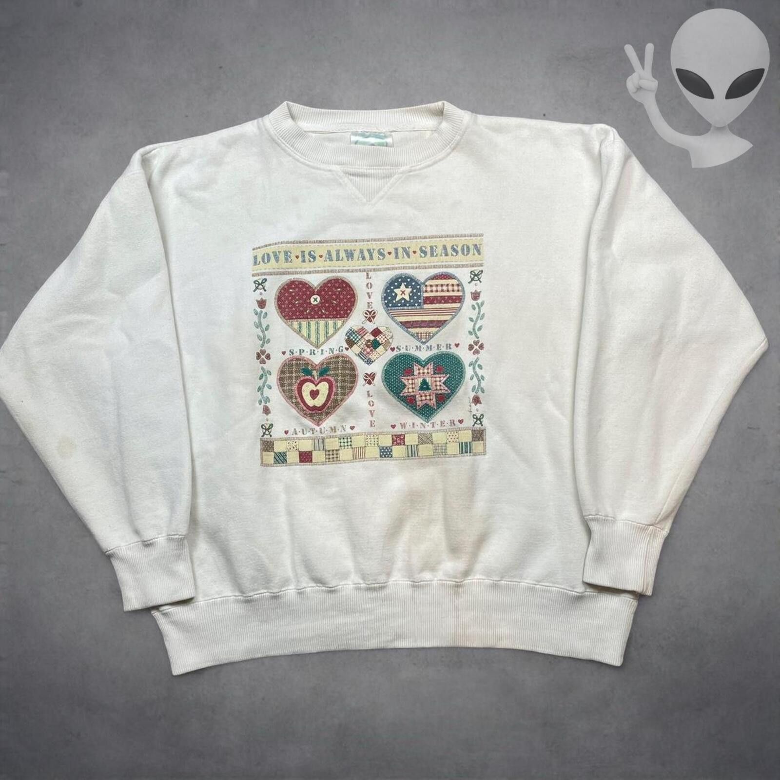 Vintage Vintage 80s Sweater XL Cream USA Love Patchwork Pullover Size US XL / EU 56 / 4 - 1 Thumbnail