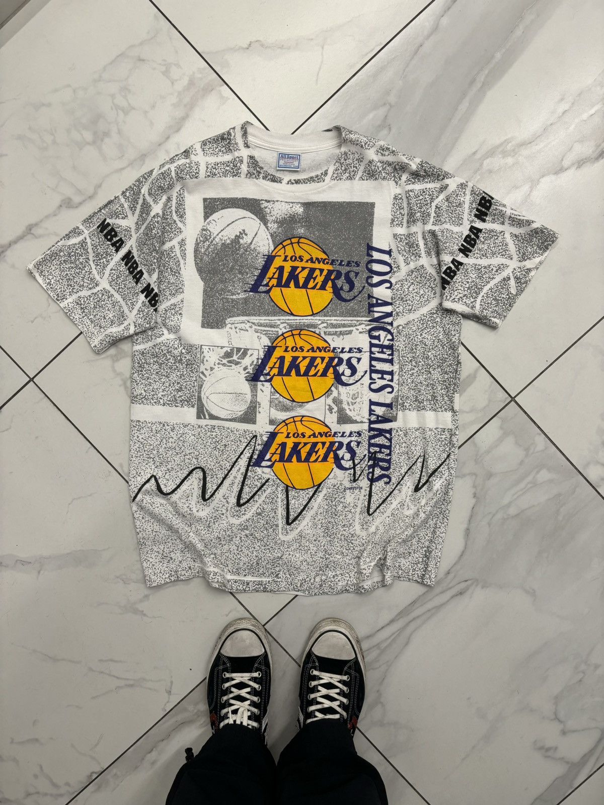 image of Los Angeles Lakers All Over Print 90's Single Stitch in White, Men's (Size XL)