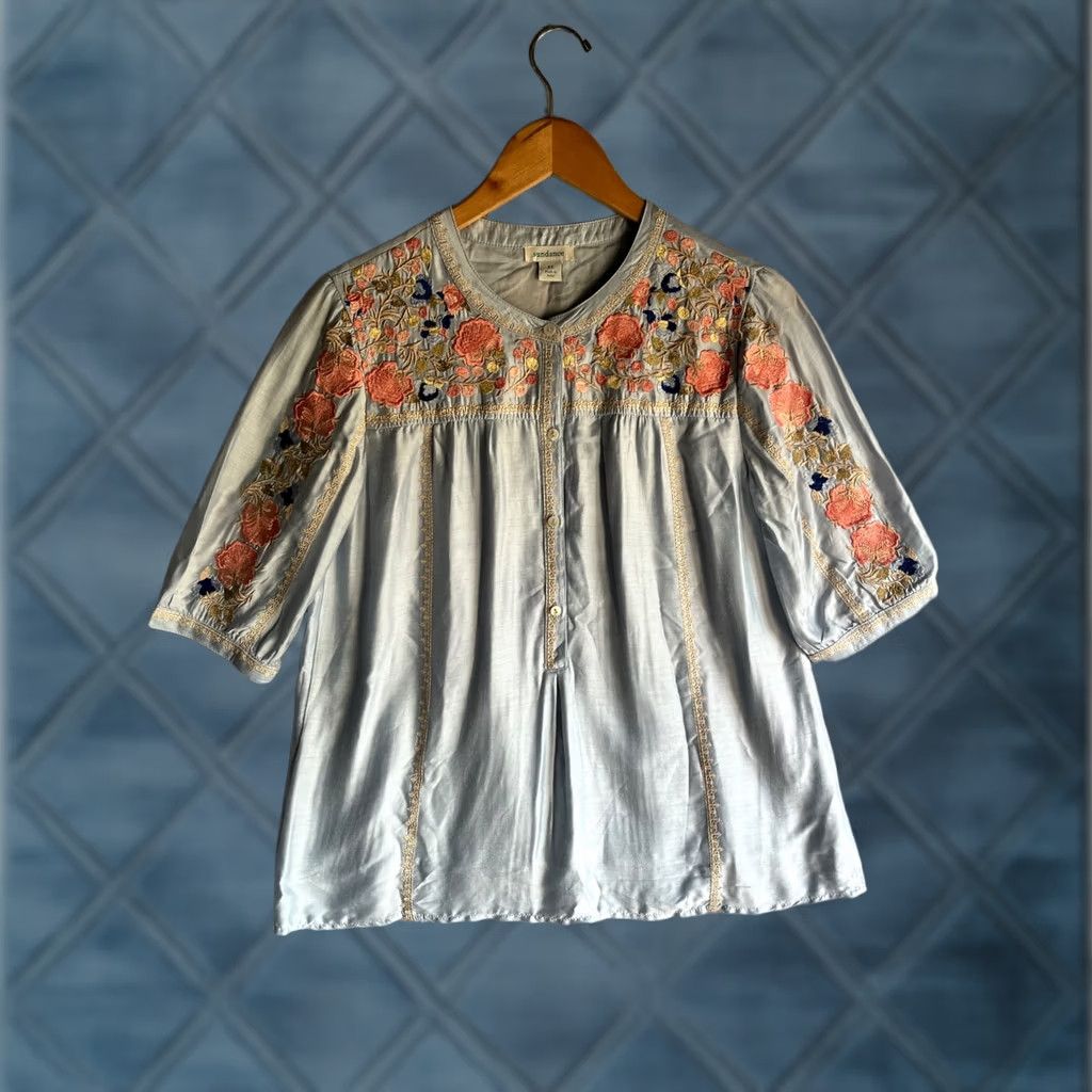 Sundance Blouse Womens Xs Blue Floral Silk Blend Embroidery Peasant Boho Hippie, Women's