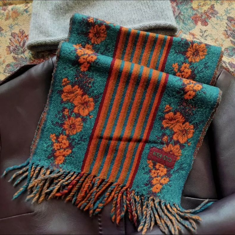 KENZO size140*30cm 80s lake blue orange floral scarf