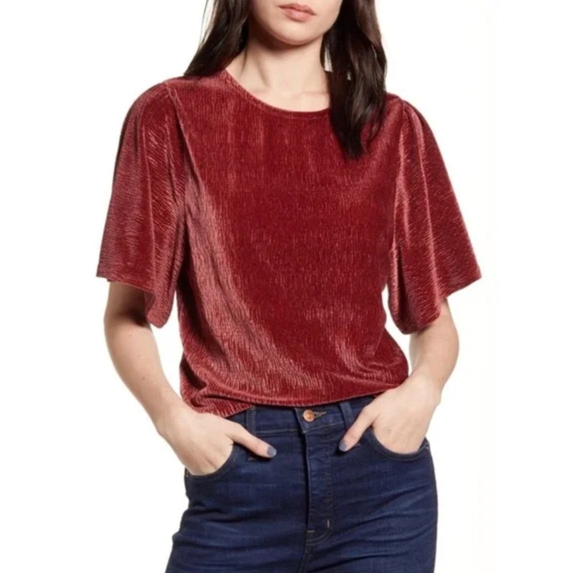 Madewell Madewell Crinkle Velvet Flutter Sleeve Top Dusty Burgundy Size M / US 6-8 / IT 42-44 - 1 Thumbnail