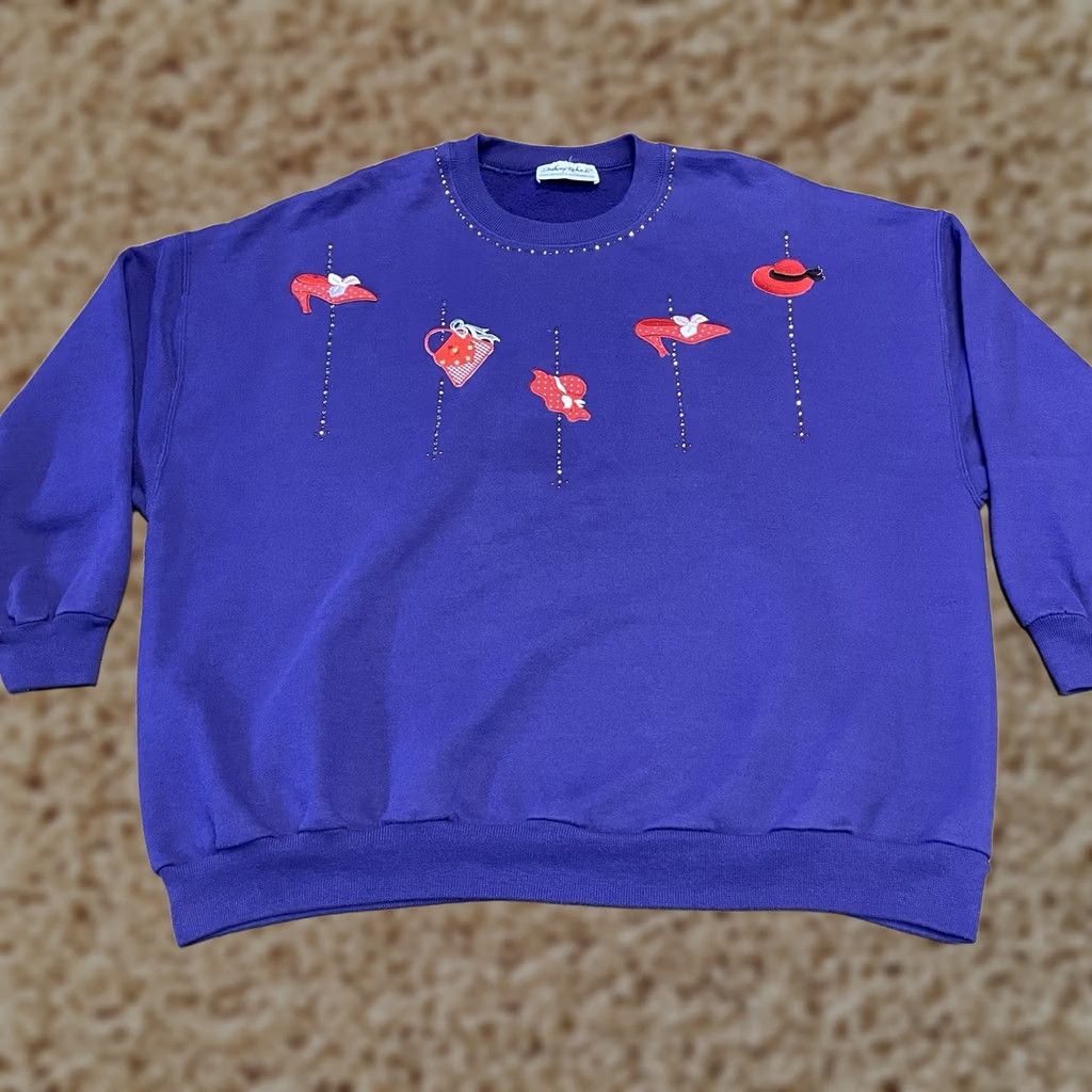Vintage VINTAGE Purple Sweatshirt Womens Large Lady Crewneck Rhinestone Red Hat Ladies Size L / US 10 / IT 46 - 1 Thumbnail