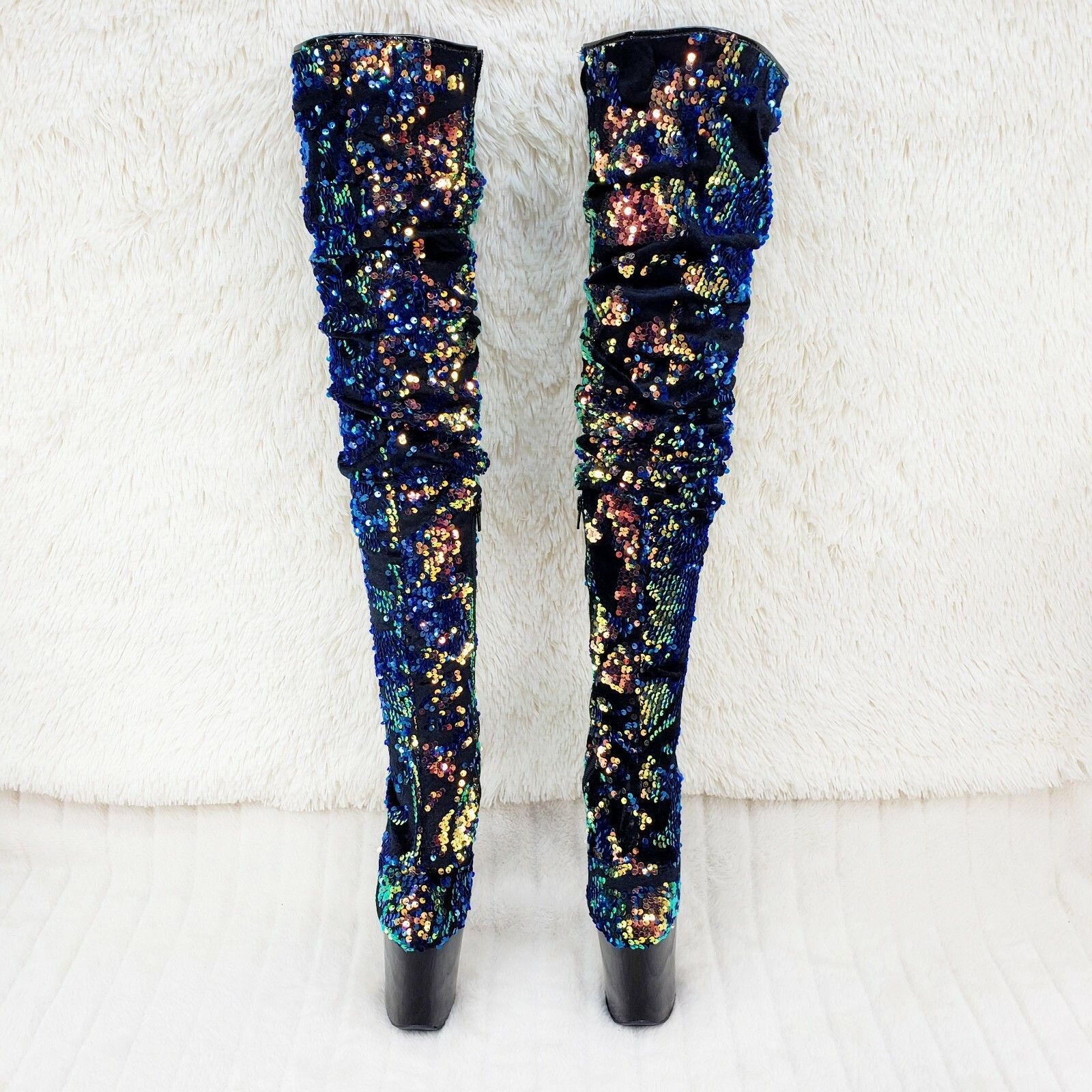 Other Flamingo 3004 Blue Sequin Slouchy Platform Thigh High Boots Size US 9 / IT 39 - 2 Thumbnail