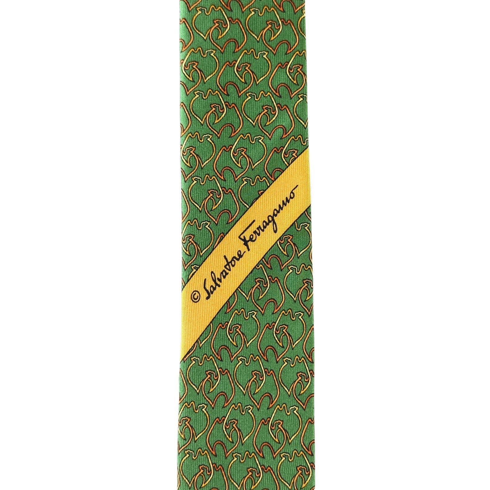 Salvatore Ferragamo Tie Silk Green with Gold Geometric Pattern Size ONE SIZE - 4 Thumbnail