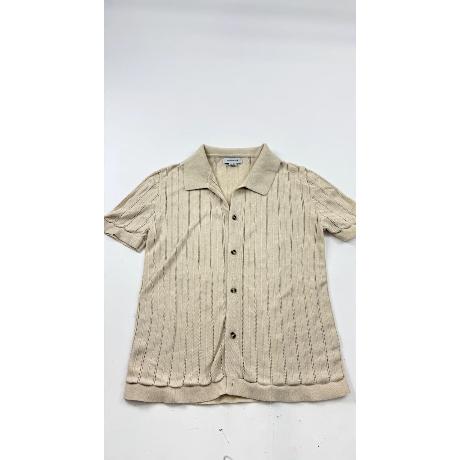 Cotton On Cotton On Shirt Mens Small Beige Short Sleeve Knit Button Front Collared Striped 100% Cotton Adults Mens Size US S / EU 44-46 / 1 - 2 Thumbnail