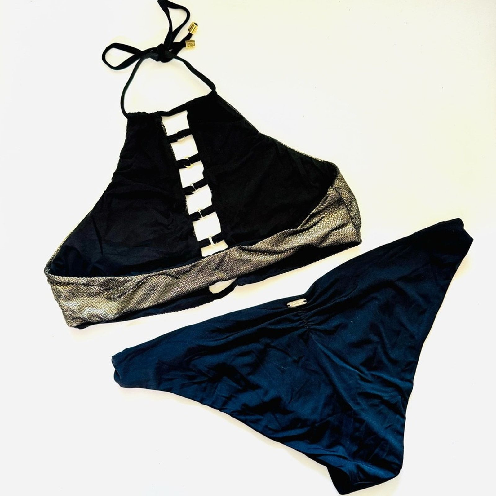 REVOLVE BEACH BUNNY Bronze Fools Gold Halter Bikini Top Black Bottom Size ONE SIZE - 3 Thumbnail