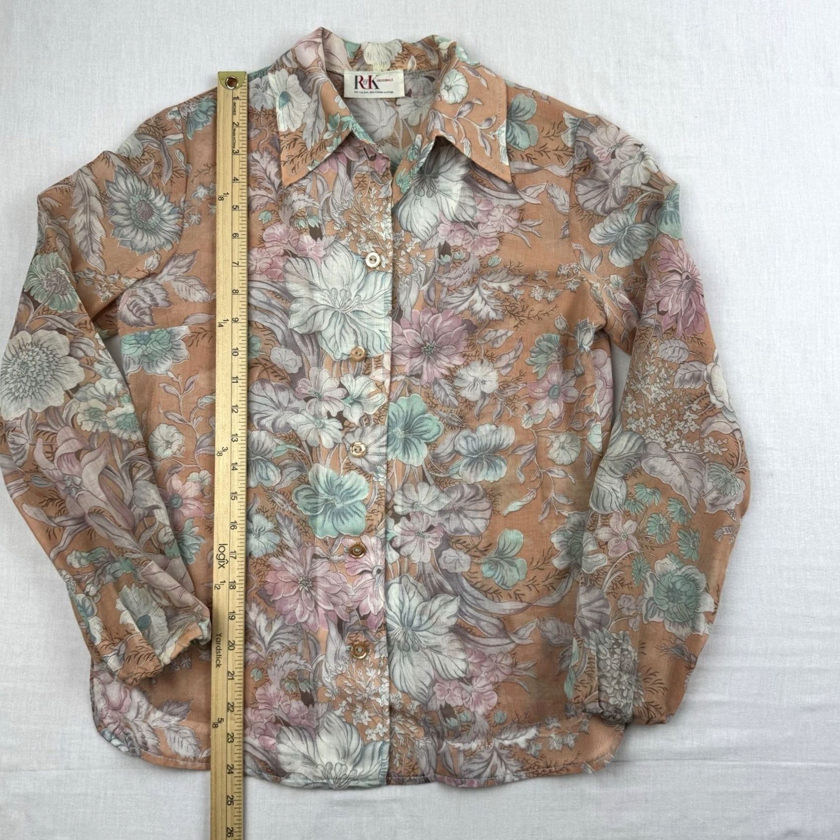Vintage VINTAGE Floral Button Up Shirt Womens M Orange Sheer Collar Thin Light 80s R&K Originals Button-Up Bohemian Flower Mens? Size M / US 6-8 / IT 42-44 - 6 Thumbnail