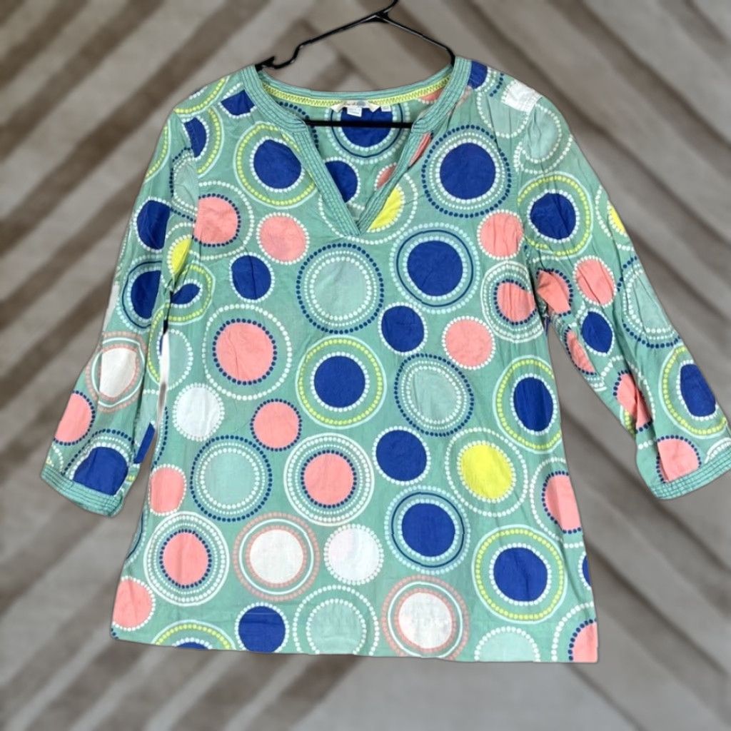 Boden Boden Womens Blouse Mint Green Multicolor Circles 3/4 Sleeve 100% Cotton 8 Regular V-Neck Womens Blouse Office Workwear Casual Formal Size M / US 6-8 / IT 42-44 - 1 Thumbnail
