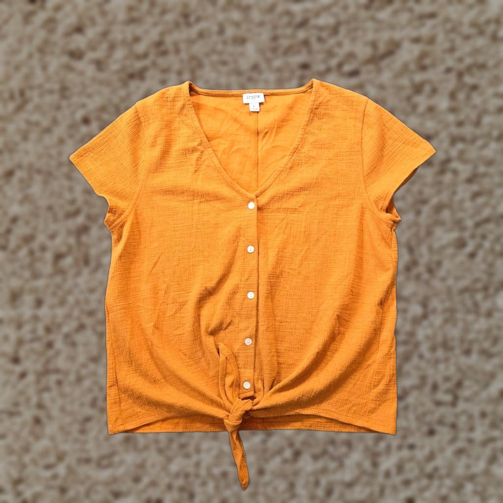 J.Crew J.CREW Blouse Women Size L Orange Short Sleeve Textured Tie Hem Casual Core Basic Shirt Ladies Size L / US 10 / IT 46 - 1 Thumbnail