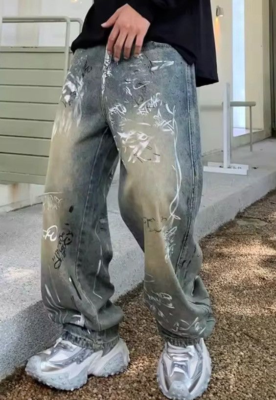 Jean Graffiti-Print Wide-Leg Denim Pants | Oversized Streetwear Size US 30 / EU 46 - 2 Thumbnail