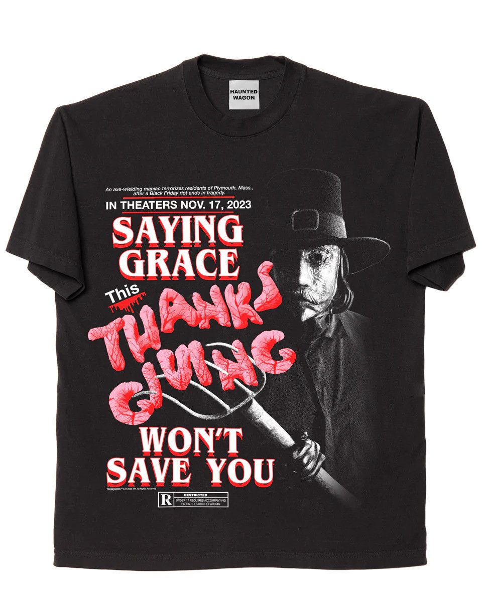 image of Thanksgiving Movie T-Shirt Haunted Wagon in Black, Men's (Size XL)