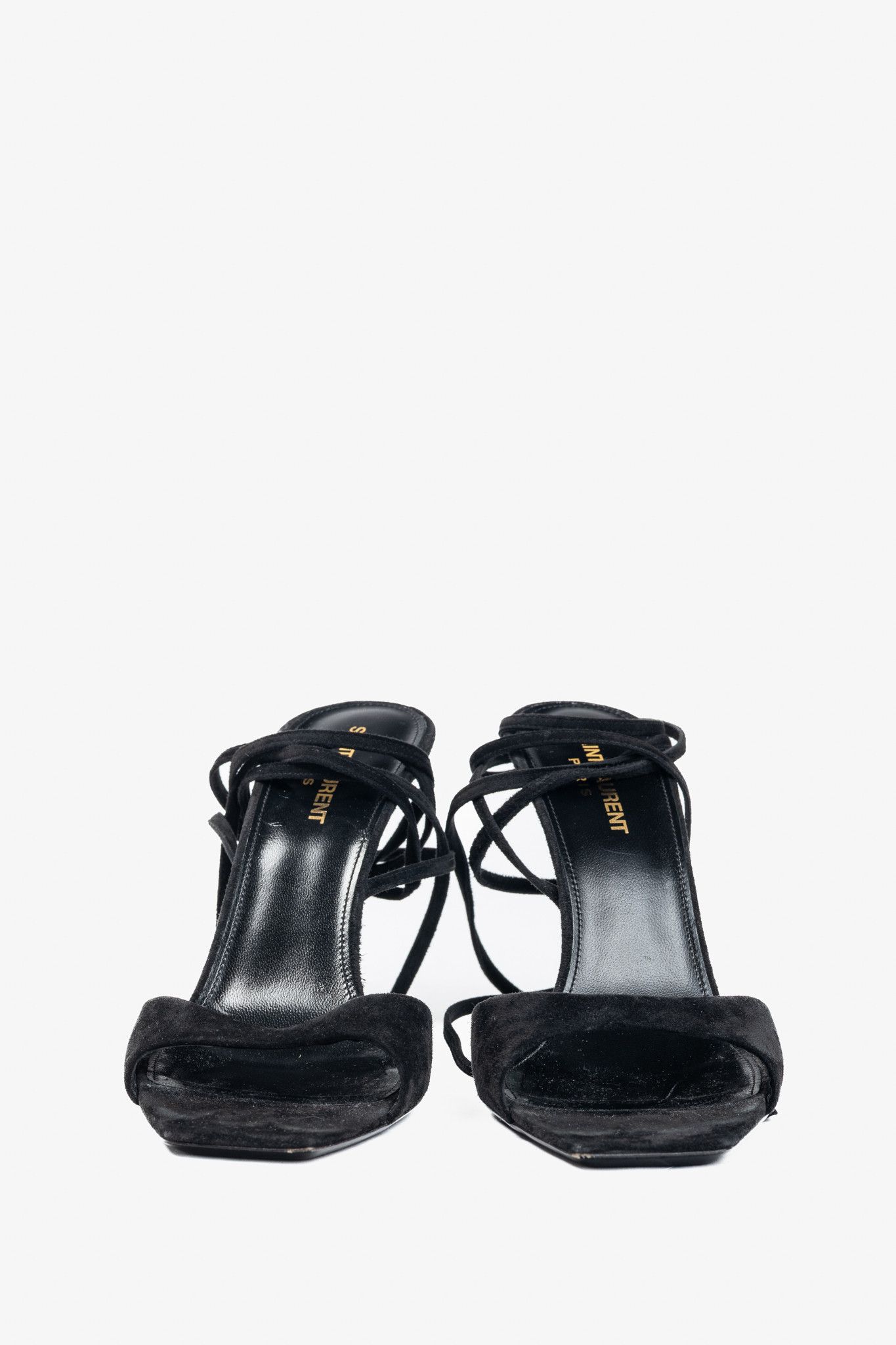 Saint Laurent Paris Saint Laurent Paz Black Suede Lace-Up Green-Heeled Sandals Size US 8 / IT 38 - 2 Thumbnail