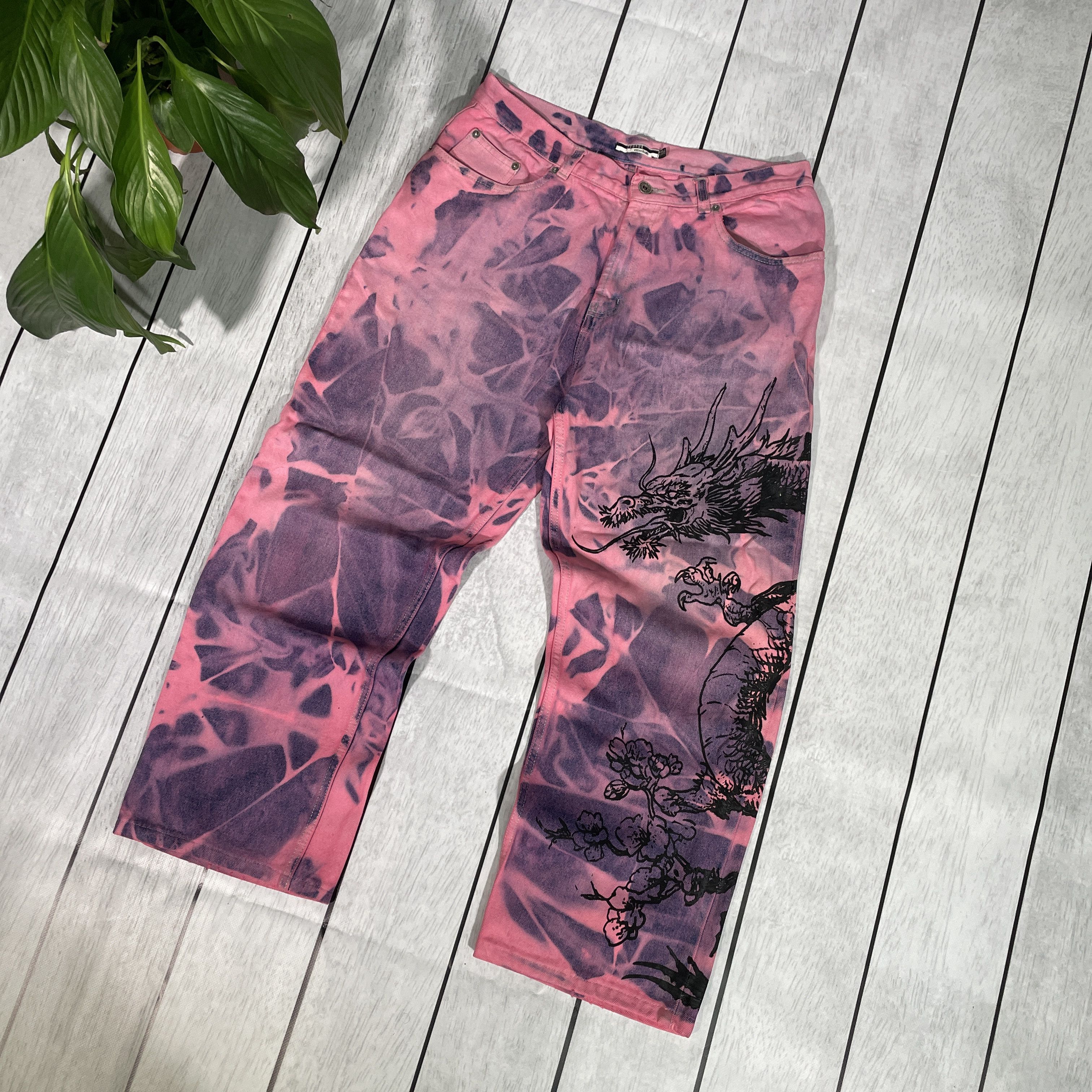George Custom Reworked Denim Jeans Dragon – Unique Acid Wash Finish Size US 36 / EU 52 - 2 Thumbnail